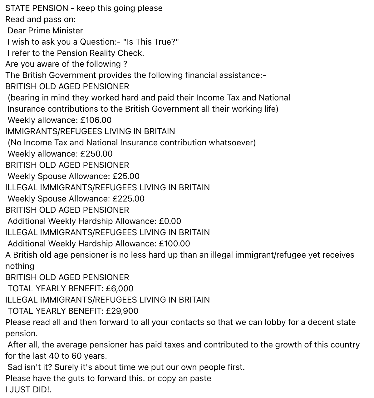 List of claims about pensioners and people in the UK illegally